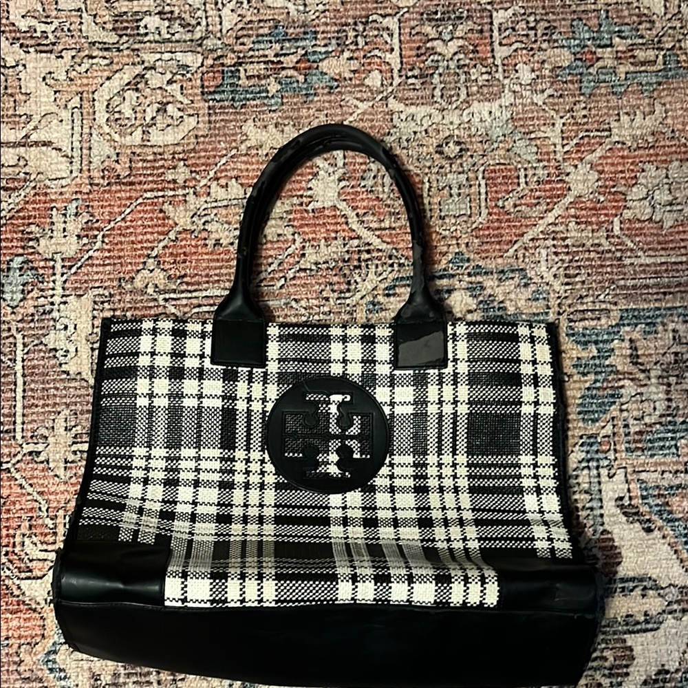 Tory Burch Black and White Plaid Tote